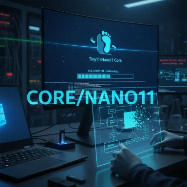 Futuristic lab with a holographic Core/Nano11 interface and an 85% progress display.
