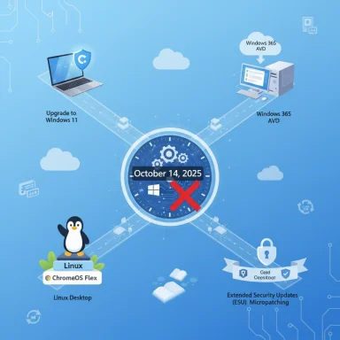 IT upgrade roadmap showing Windows 11 upgrade, Windows 365 AVD, Linux Desktop, ESU patches, Oct 14, 2025.