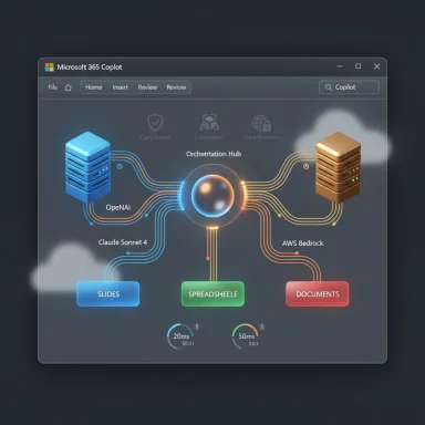 Futuristic dashboard with an orchestration hub linking AI services and documents.