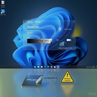 Windows desktop with a storage cleanup dialog, a Pluto drive, and a rollback warning.