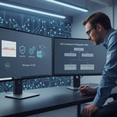 An IT professional reviews a two-monitor setup showing ESU enrollment plan and Windows 10 EOL.