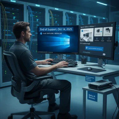 IT technician at a dual-monitor workstation in a server room, viewing a Windows end-of-support notice.