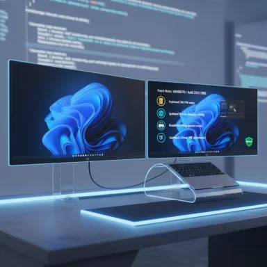 Dual curved monitors on a transparent stand with a laptop in a neon-blue tech setup.