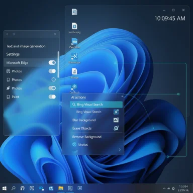 Windows desktop with translucent AI actions panel and Bing Visual Search overlay.