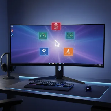 Blue-lit desk setup featuring a curved ultrawide monitor, keyboard, mouse, and headphones.