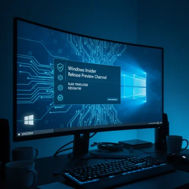 A curved monitor displays Windows Insider Release Preview Channel in a blue-lit desk setup.