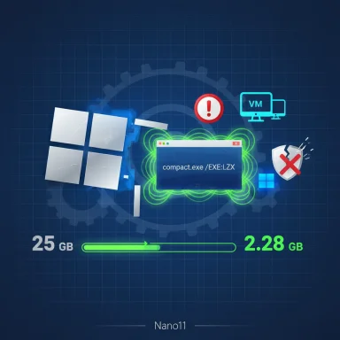 Futuristic tech infographic showing a compressed executable, VM icon, warning sign, shield, and progress bar.