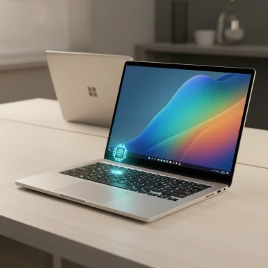 A sleek silver laptop on a light desk, glowing AI symbol on the keyboard, with another laptop in the background.