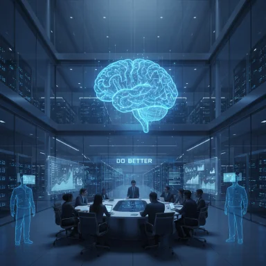Futuristic boardroom with a glowing blue holographic brain hovering above a round table.