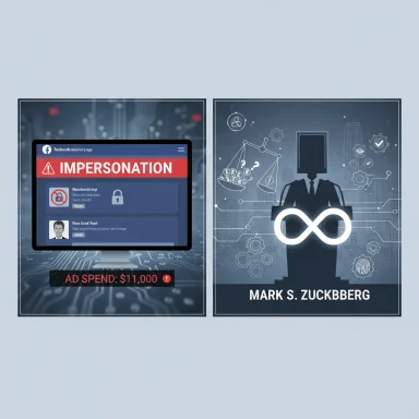 Two posters: left shows 'IMPERSONATION' with ad spend; right features a faceless, suited figure with infinity glasses.