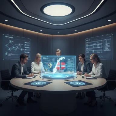 A futuristic round-table meeting with holographic data displays.