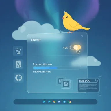 A blue futuristic OS screen with a Settings panel, HDR toggle, and a yellow canary perched on top.