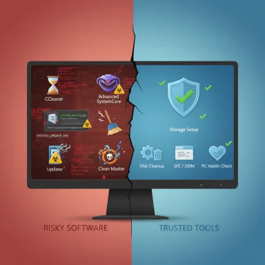 A split monitor shows risky software on the left and trusted tools on the right.