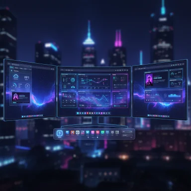 Futuristic triple-monitor setup with neon holographic UI over a nighttime cityscape.