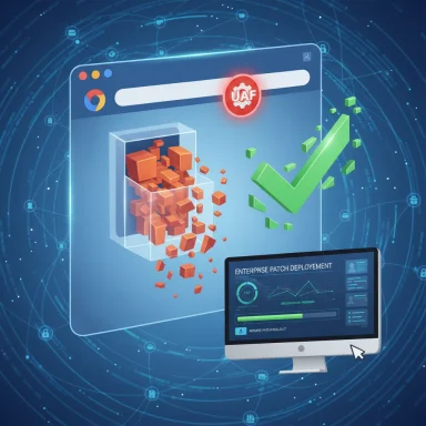 Digital patch deployment: orange blocks disperse as a green checkmark confirms success.