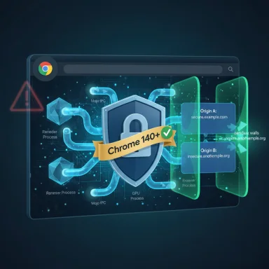 Futuristic browser security illustration featuring a shield and a “Chrome 140+” ribbon.