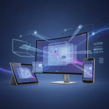 A desktop monitor, tablet, and smartphone display floating holographic digital interfaces.