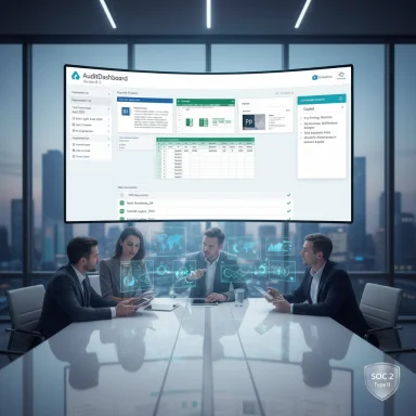 Team of professionals reviews a curved digital dashboard in a modern conference room with holographic data visuals.