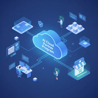 A blue cloud hub labeled 'AI Cloud Partner Program' connects people, data, and partner services.