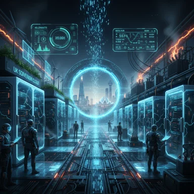 Futuristic data center with neon-lit screens and a glowing portal opening to a neon city skyline.