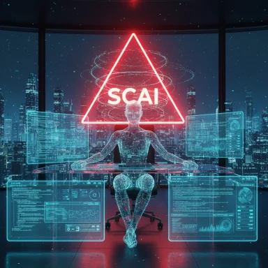 A holographic humanoid sits at a glass desk under a neon red SCAI warning triangle.