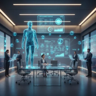 A futuristic boardroom with holographic displays and a glowing holographic human figure.