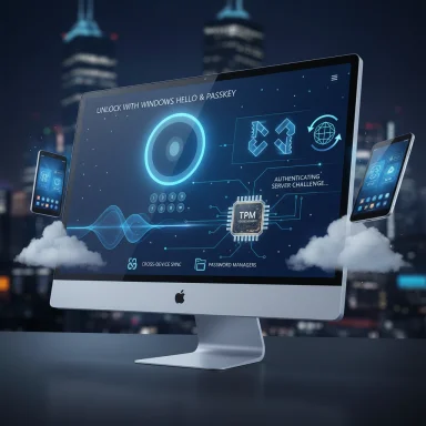 Futuristic desktop screen showing Windows Hello login with TPM and floating mobile devices.