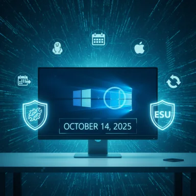 Futuristic Windows desktop on a blue cyber backdrop with security shields and the date October 14, 2025.