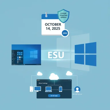 Illustration of Windows ESU updates with Oct 14, 2025 and 22H2.