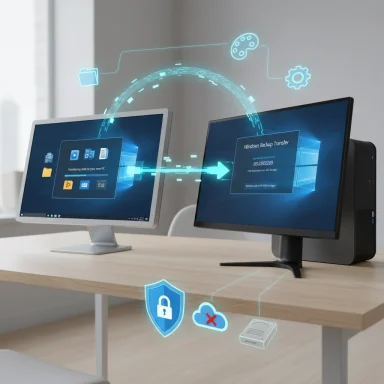 Two monitors show a Windows backup transfer with holographic security and cloud icons.