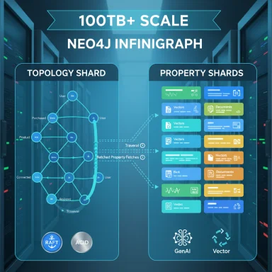 Infographic for 100TB+ scale Neo4j InfiniGraph, featuring Topology Shard and Property Shards.
