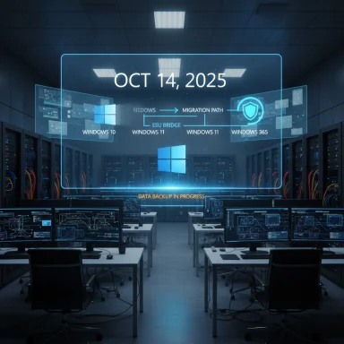 Futuristic data center with a holographic Windows migration timeline and a data backup in progress.