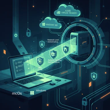 Futuristic scene of cloud-based Windows/Azure security with remote desktop authentication.