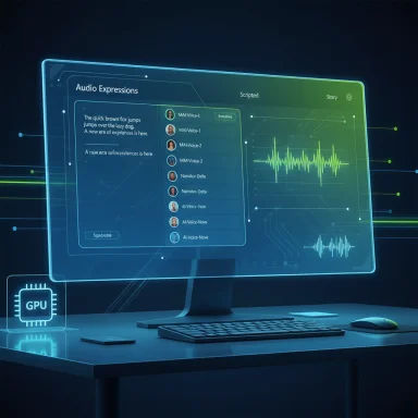 Futuristic holographic desktop displaying audio expressions and waveform analytics.
