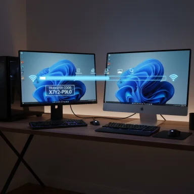 A dual-monitor PC setup on a wooden desk, with a transfer code shown on the left screen.