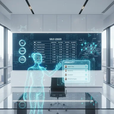 Holographic assistant displays a futuristic dashboard of a sold ledger in a modern office.