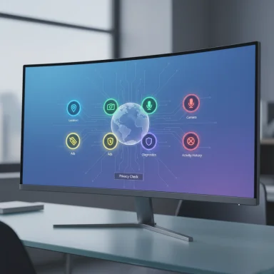 A curved monitor on a desk displays a neon globe with connected icons for location, camera, mic, ads, diagnostics, and privacy.