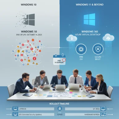 Split design: Windows 10 EOL 2025 left; Windows 11+ Azure Cloud security right with a team planning.