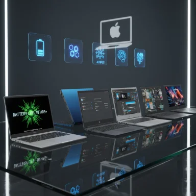 Row of laptops on a glass table in a futuristic showroom with blue holographic icons on the wall.