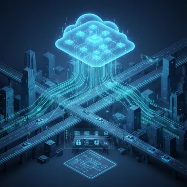 Futuristic cloud computing network with neon data streams over a city.