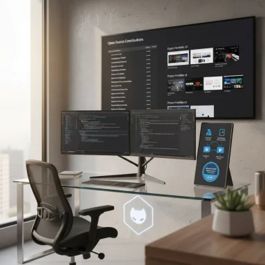 Modern glass desk with dual monitors and a wall-screen display in a bright office.