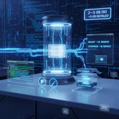 Futuristic lab scene with a glowing chamber labeled Windows 11 ISO and holographic, interactive UI.