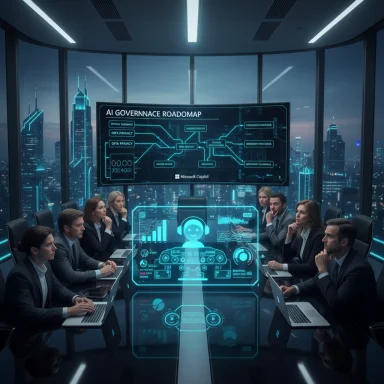 Futuristic boardroom with neon-blue holographic AI dashboard as executives discuss.