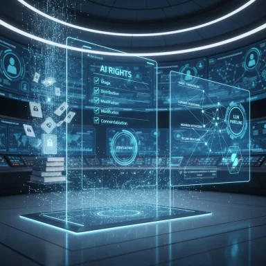 Futuristic holographic AI rights dashboard with verification and data networks.