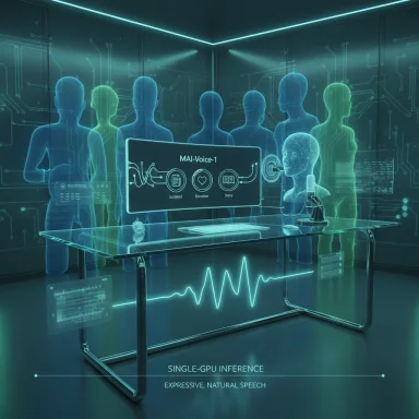 Futuristic lab with a holographic AI interface MAI-Voice-1 and translucent figures around a glass table.