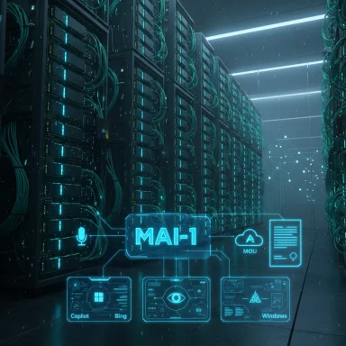 A futuristic data center with rows of server racks and glowing holographic AI interfaces labeled MAI-1.