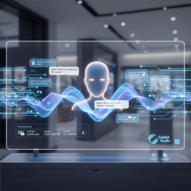 A holographic AI assistant floats on a glass display with chat bubbles and flowing blue data streams.