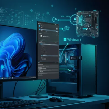 A high-tech desktop setup featuring Windows 11, a transparent PC case, and digital hardware overlays.