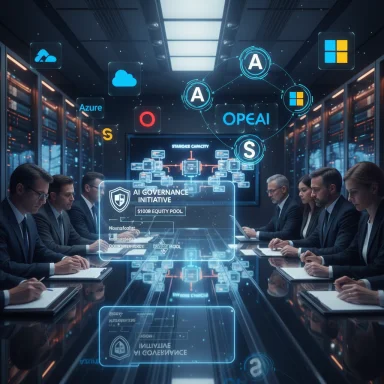 A futuristic boardroom with holographic AI governance visuals and a professional team.