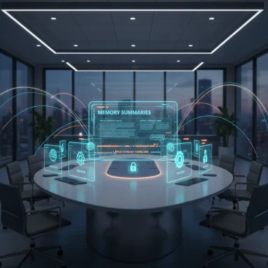 Futuristic conference room with holographic memory-summaries around a glowing circular table.